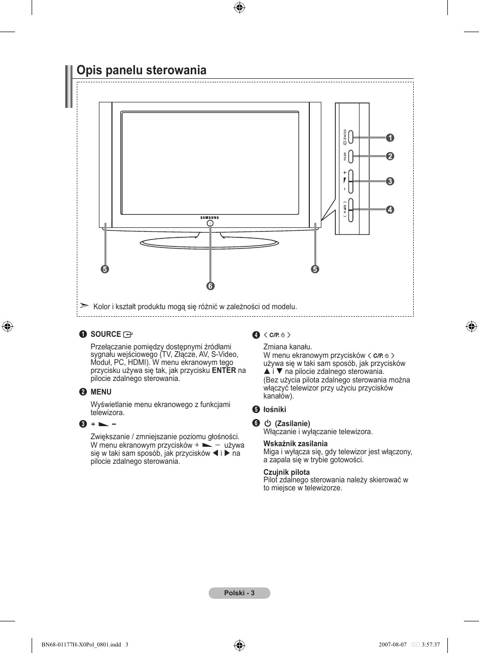 Opis panelu sterowania | Samsung LE22S81B User Manual | Page 309 / 461