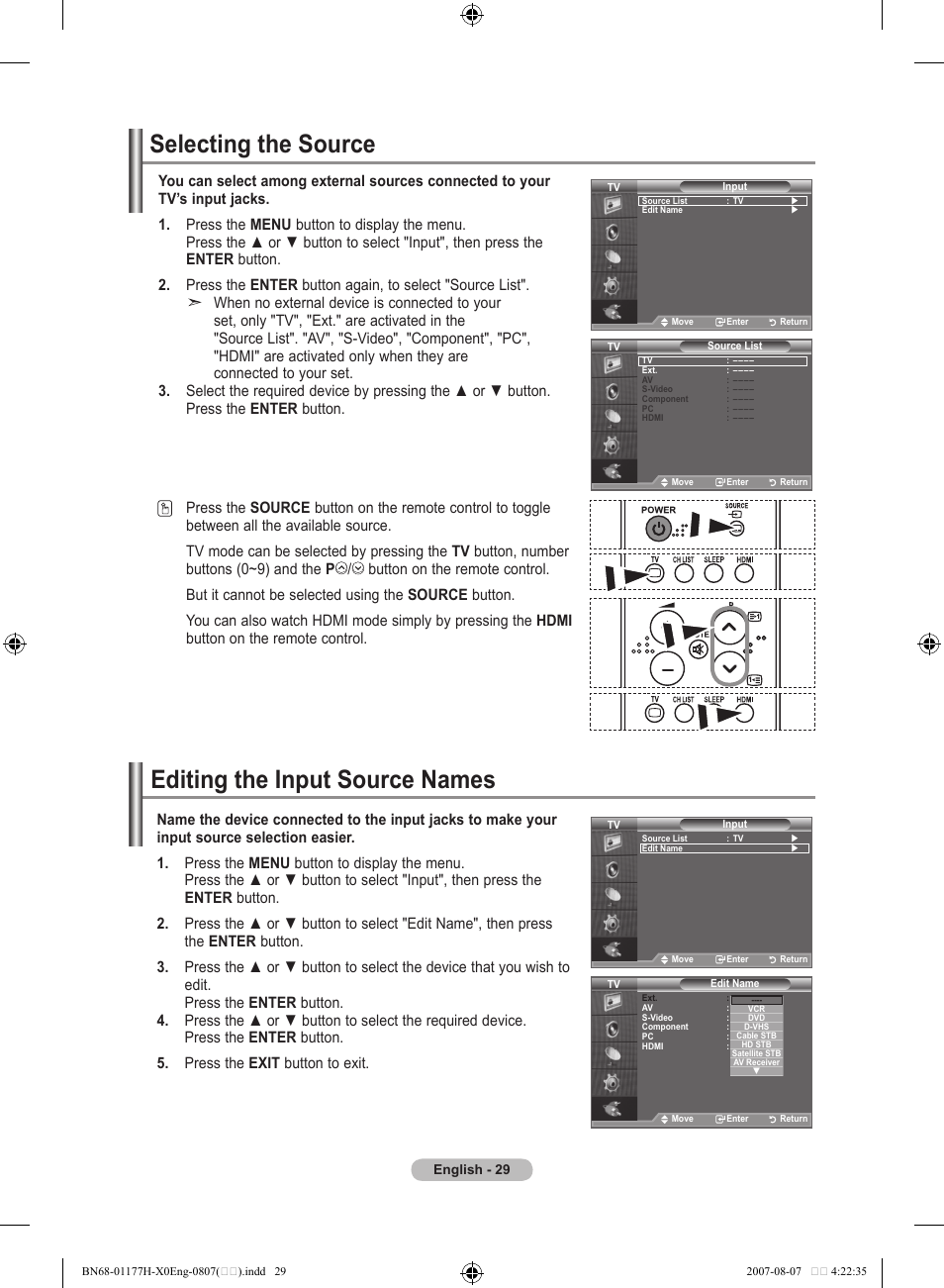 Selecting the source, Editing the input source names | Samsung LE22S81B User Manual | Page 31 / 461