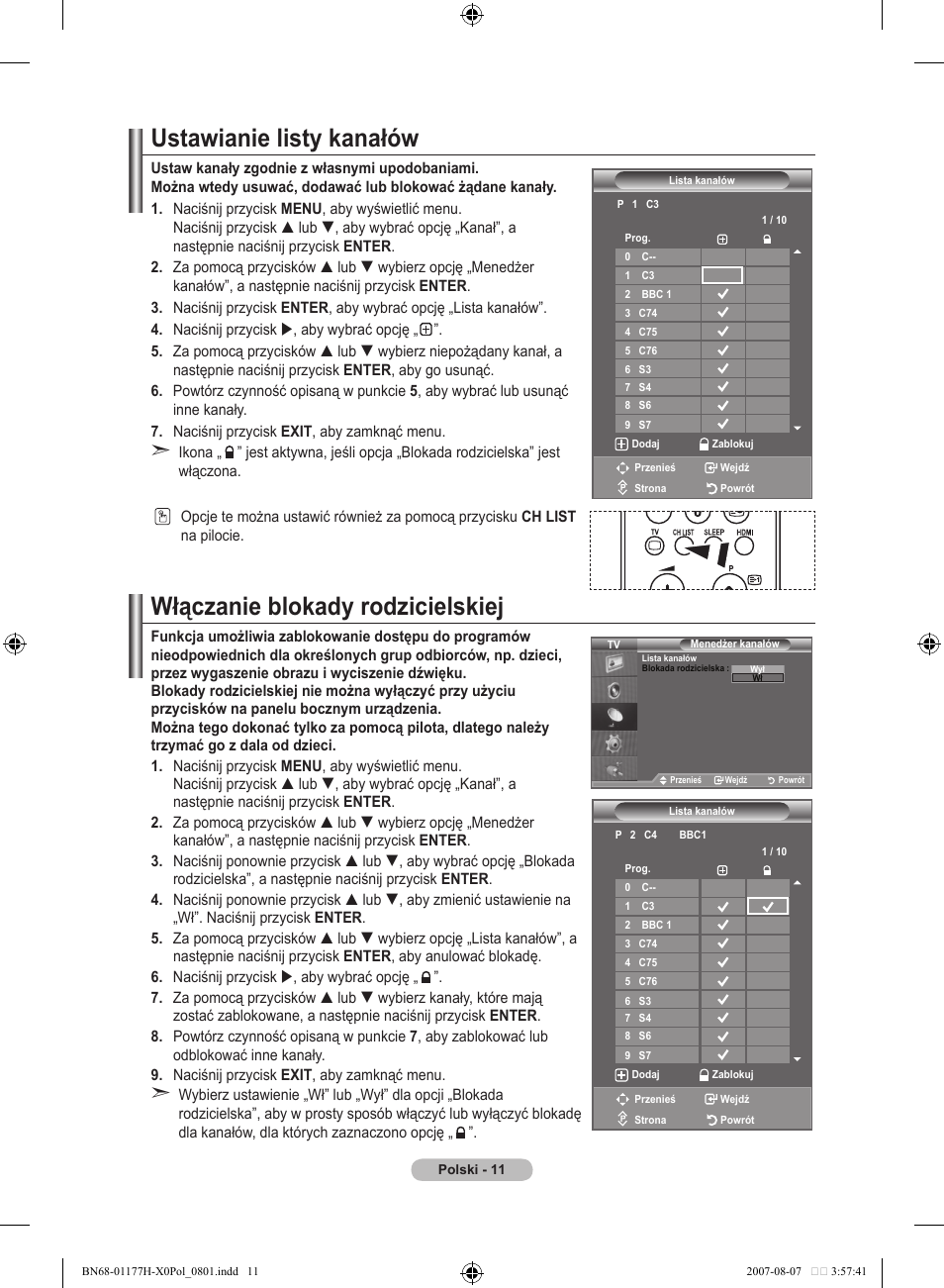 Ustawianie listy kanałów, Włączanie blokady rodzicielskiej | Samsung LE22S81B User Manual | Page 317 / 461