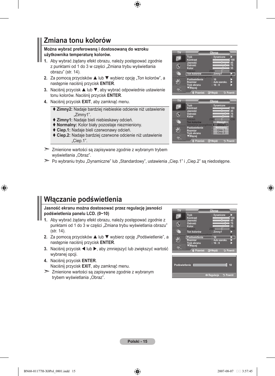 Zmiana tonu kolorów, Włączanie podświetlenia | Samsung LE22S81B User Manual | Page 321 / 461