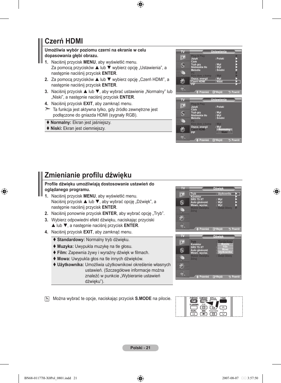 Czerń hdmi, Zmienianie profilu dźwięku | Samsung LE22S81B User Manual | Page 327 / 461