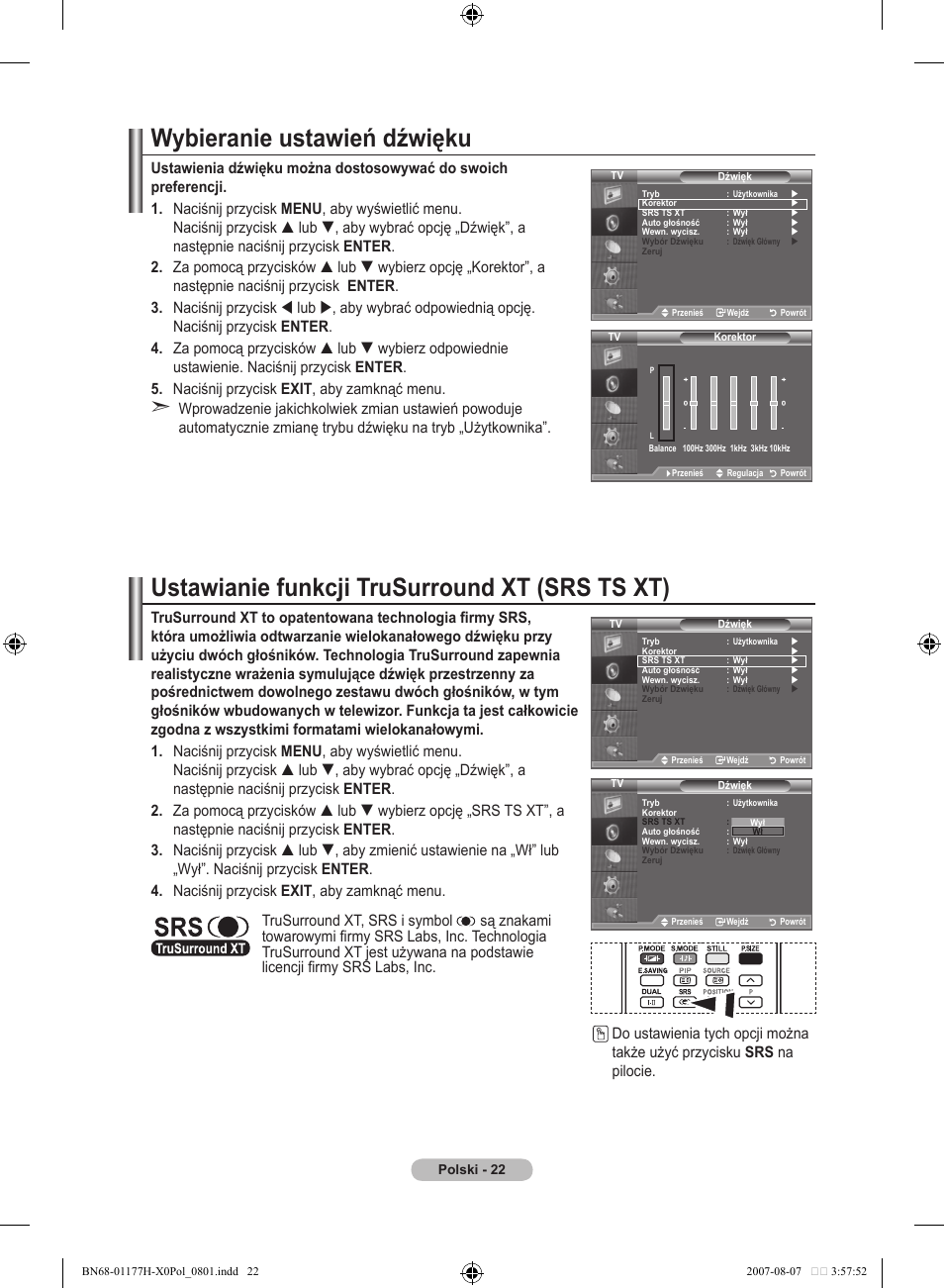 Wybieranie ustawień dźwięku, Ustawianie funkcji trusurround xt (srs ts xt) | Samsung LE22S81B User Manual | Page 328 / 461