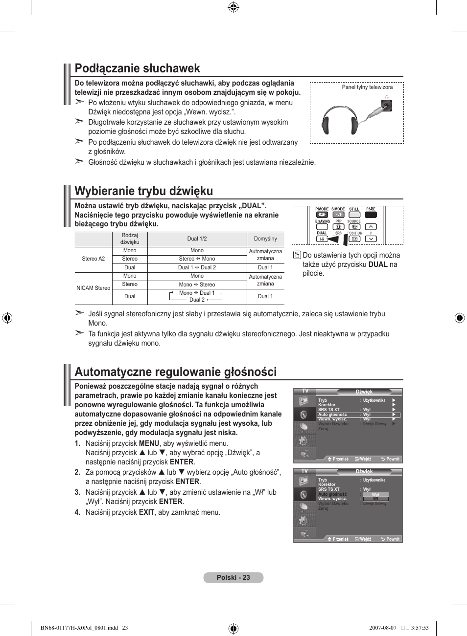 Podłączanie słuchawek, Wybieranie trybu dźwięku, Automatyczne regulowanie głośności | Samsung LE22S81B User Manual | Page 329 / 461