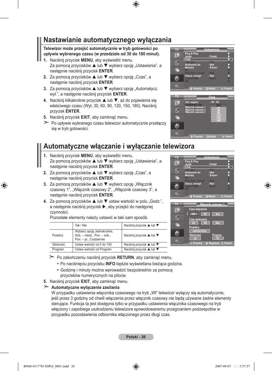 Nastawianie automatycznego wyłączania, Automatyczne włączanie i wyłączanie telewizora | Samsung LE22S81B User Manual | Page 332 / 461