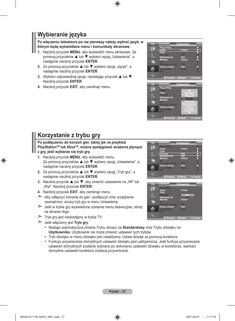 Wybieranie języka, Korzystanie z trybu gry, Lub xbox | Samsung LE22S81B User Manual | Page 333 / 461