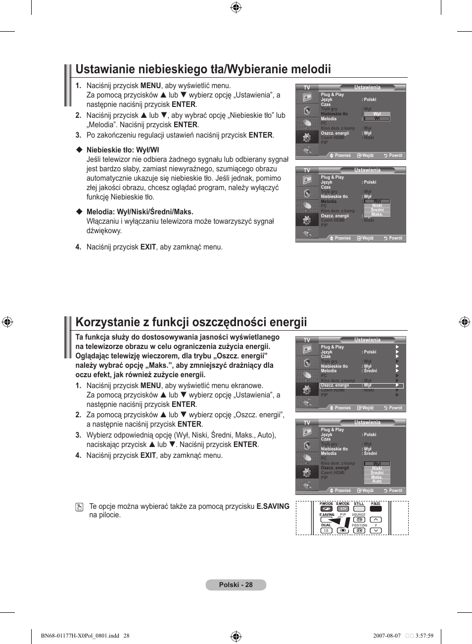 Ustawianie niebieskiego tła/wybieranie melodii, Korzystanie z funkcji oszczędności energii | Samsung LE22S81B User Manual | Page 334 / 461