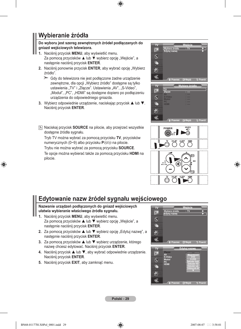 Wybieranie źródła, Edytowanie nazw źródeł sygnału wejściowego | Samsung LE22S81B User Manual | Page 335 / 461