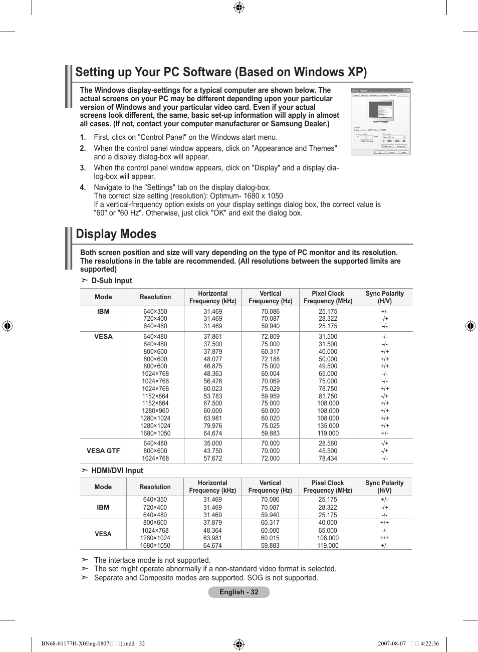 Setting the pc, Setting up your pc software (based on windows xp), Display modes | Samsung LE22S81B User Manual | Page 34 / 461