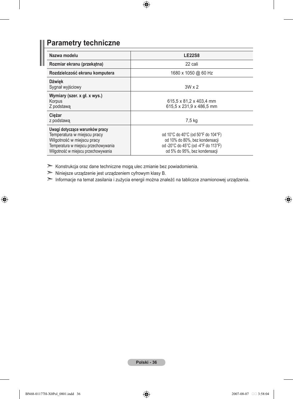 Parametry techniczne | Samsung LE22S81B User Manual | Page 342 / 461