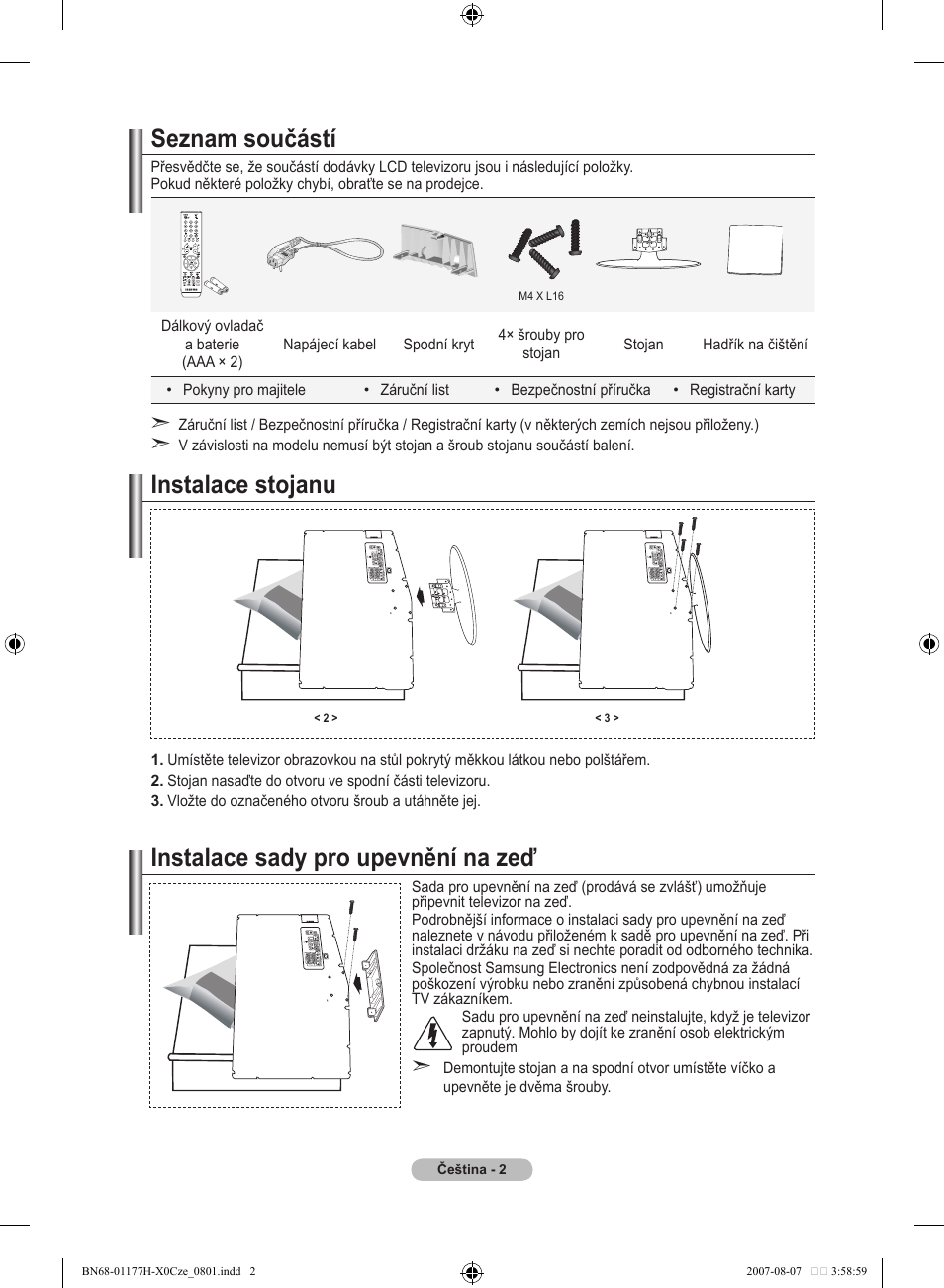 Seznam součástí, Instalace stojanu, Instalace sady pro upevnění na zeď | Samsung LE22S81B User Manual | Page 346 / 461