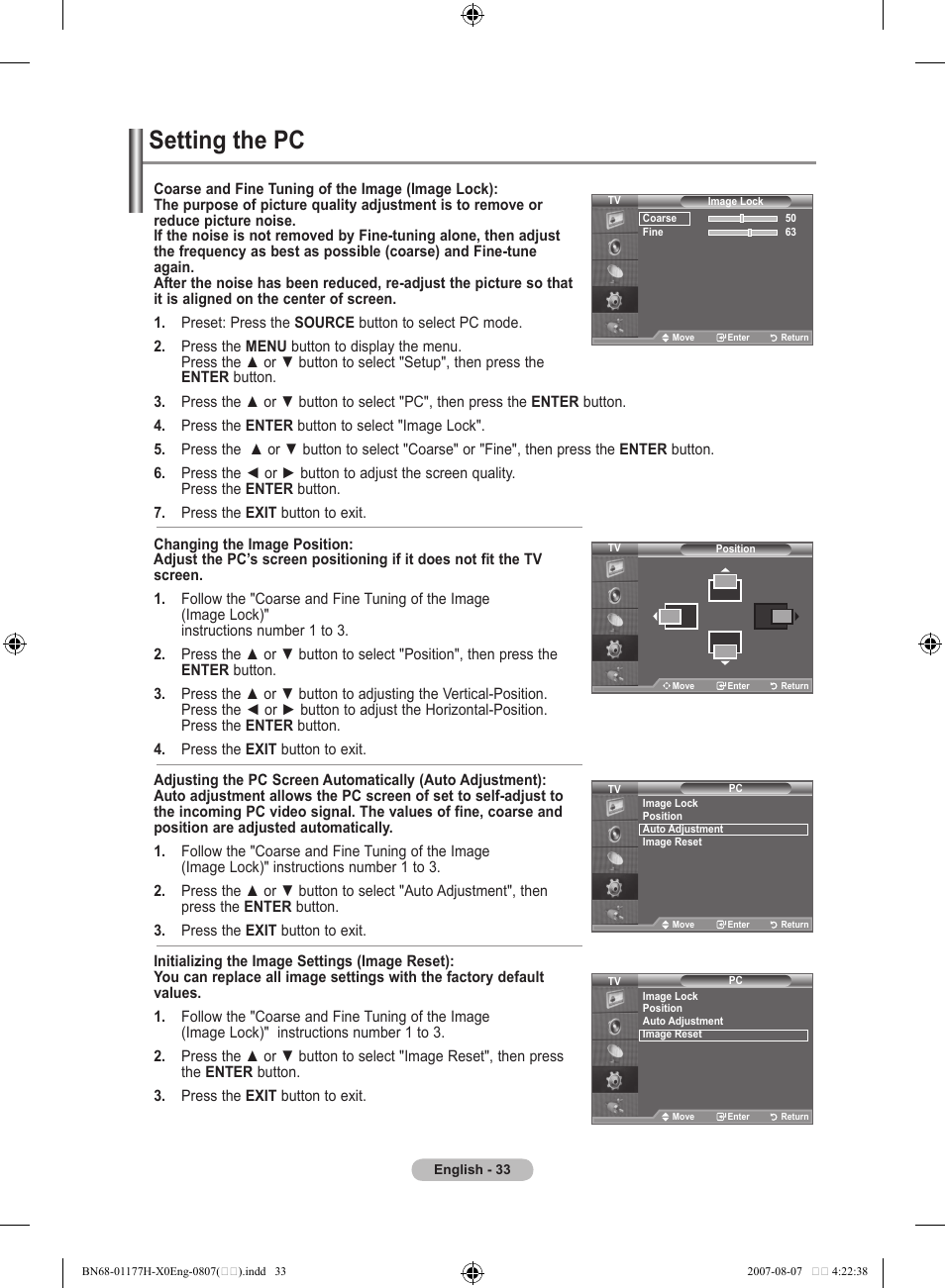 Setting the pc | Samsung LE22S81B User Manual | Page 35 / 461