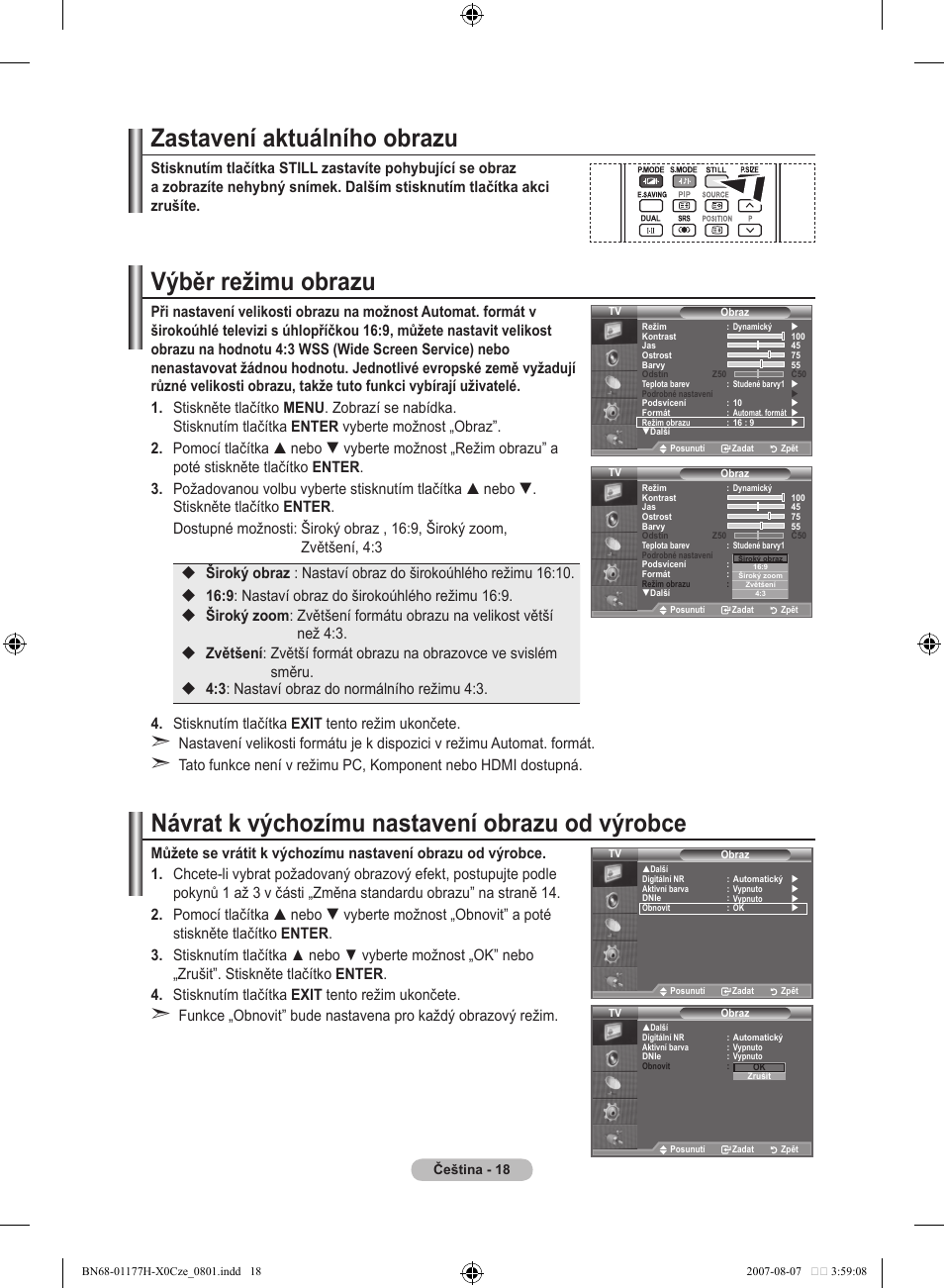 Zastavení aktuálního obrazu, Výběr režimu obrazu, Návrat k výchozímu nastavení obrazu od výrobce | Samsung LE22S81B User Manual | Page 362 / 461