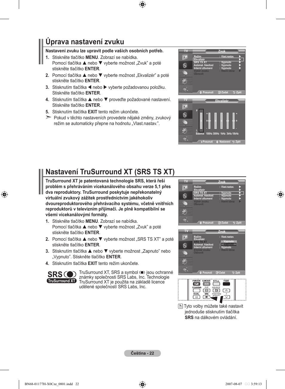 Úprava nastavení zvuku, Nastavení trusurround xt (srs ts xt) | Samsung LE22S81B User Manual | Page 366 / 461