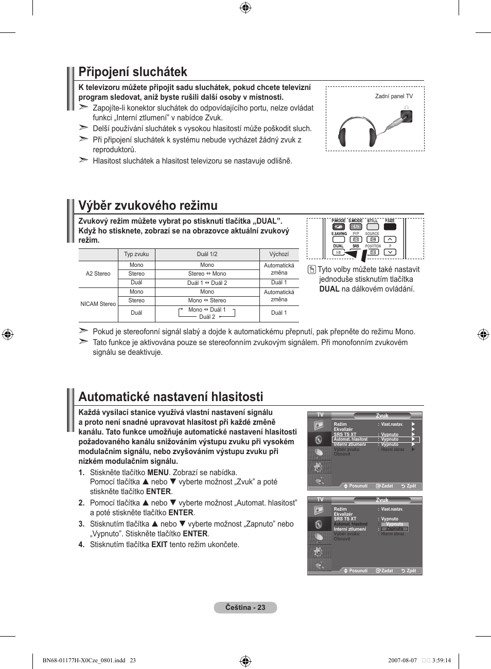 Připojení sluchátek, Výběr zvukového režimu, Automatické nastavení hlasitosti | Samsung LE22S81B User Manual | Page 367 / 461