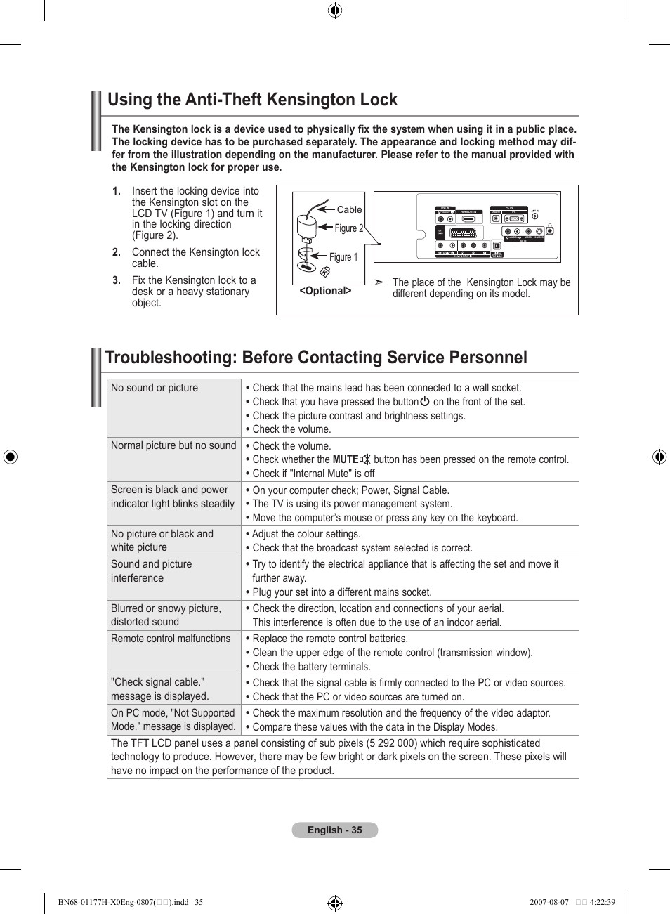 Recommendations for use, Using the anti-theft kensington lock | Samsung LE22S81B User Manual | Page 37 / 461