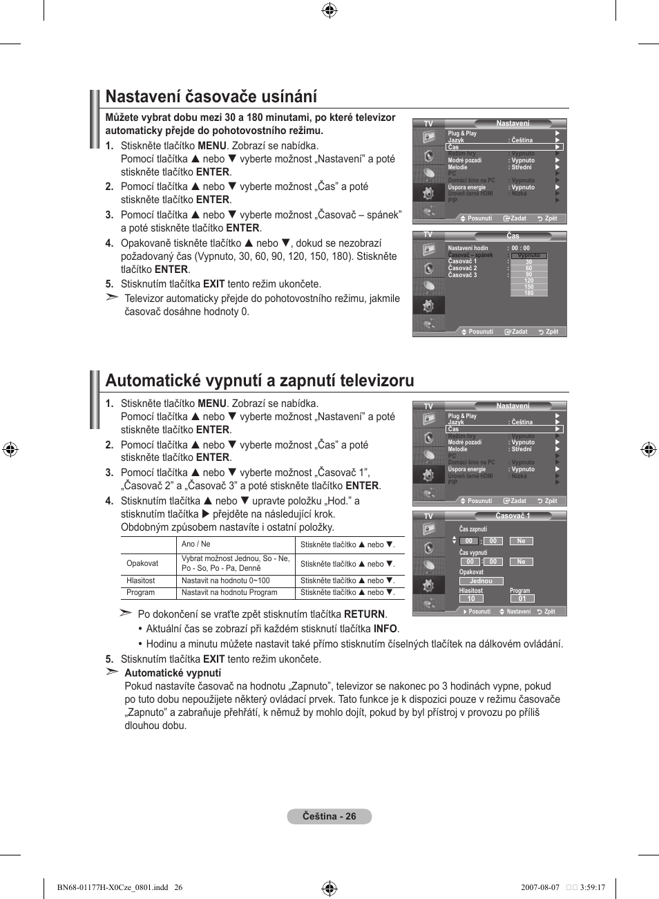 Nastavení časovače usínání, Automatické vypnutí a zapnutí televizoru | Samsung LE22S81B User Manual | Page 370 / 461