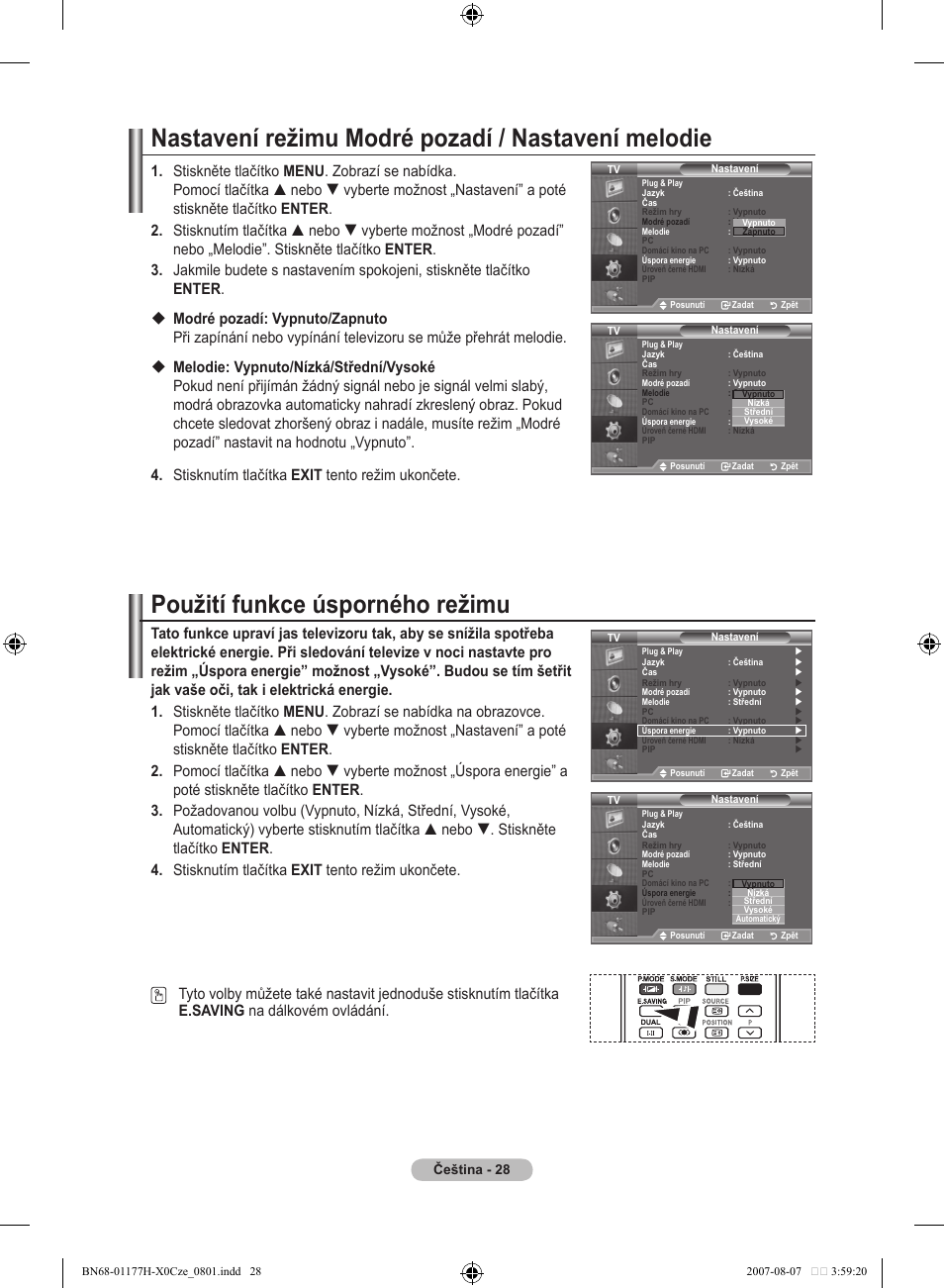 Nastavení režimu modré pozadí / nastavení melodie, Použití funkce úsporného režimu | Samsung LE22S81B User Manual | Page 372 / 461