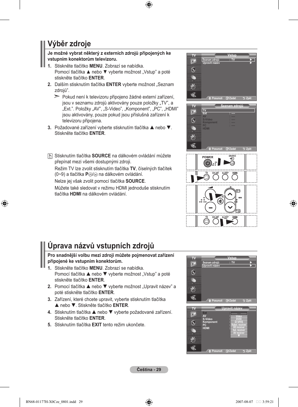 Výběr zdroje, Úprava názvů vstupních zdrojů | Samsung LE22S81B User Manual | Page 373 / 461