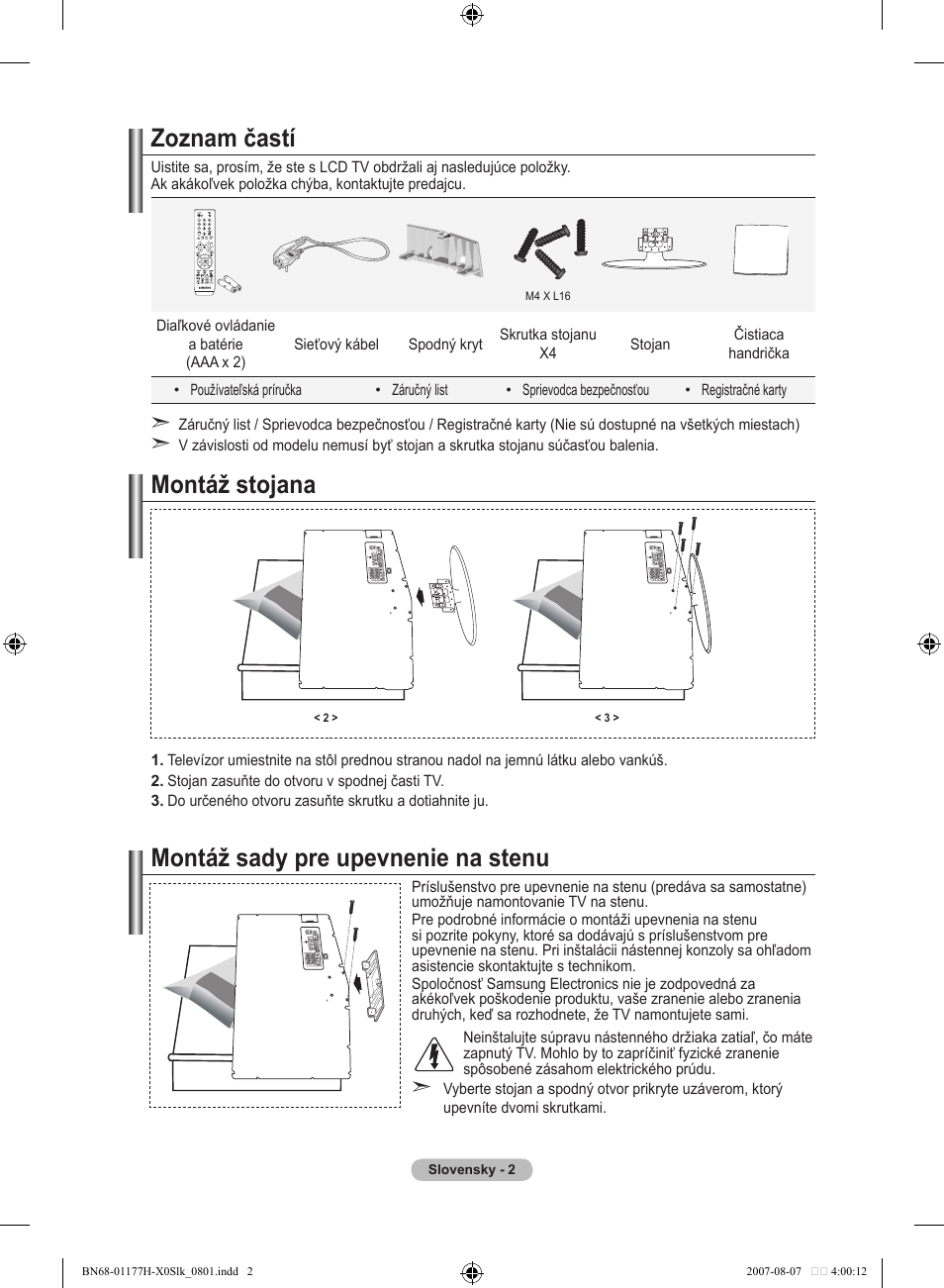 Zoznam častí, Montáž stojana, Montáž sady pre upevnenie na stenu | Samsung LE22S81B User Manual | Page 384 / 461