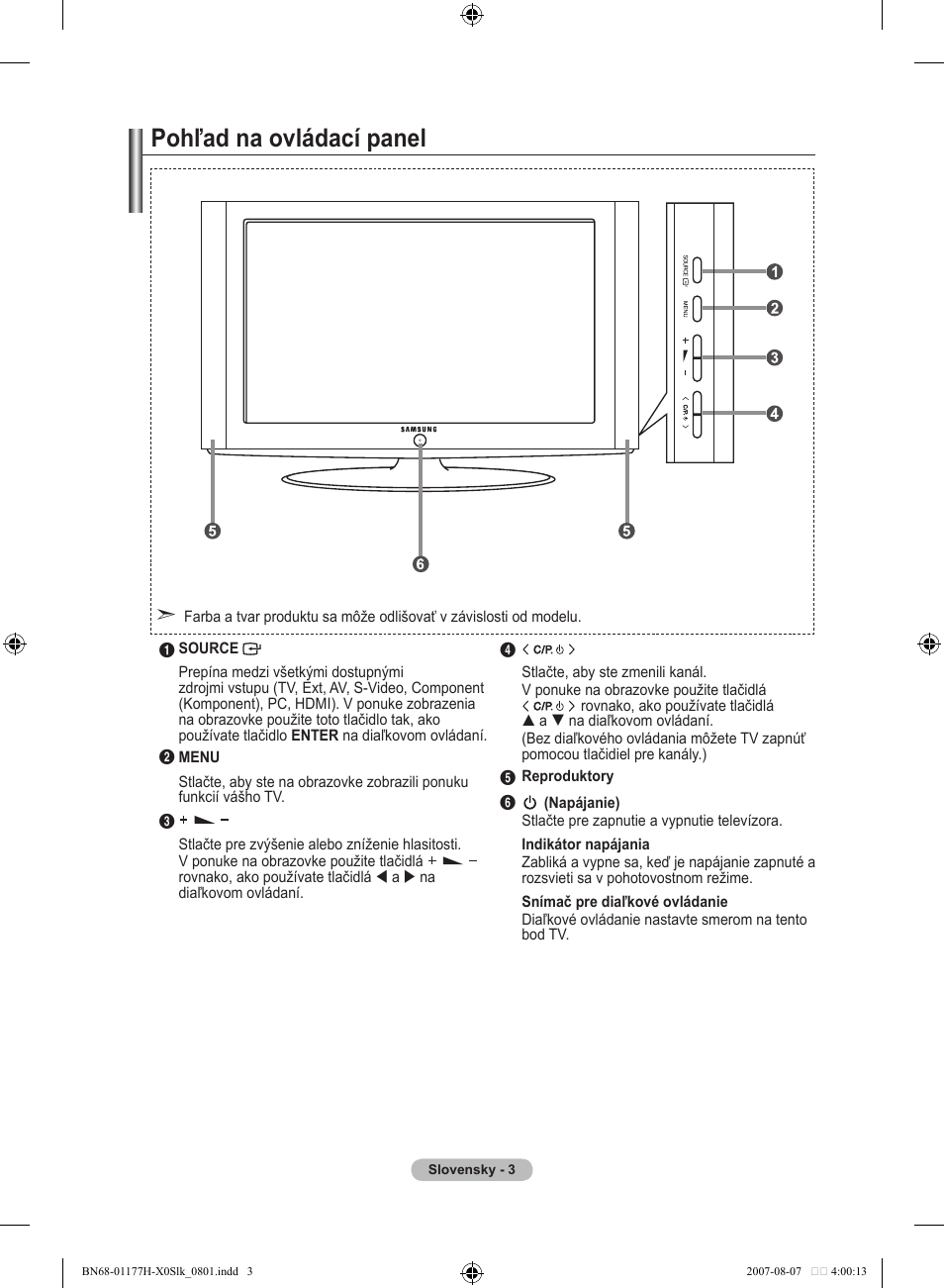 Pohľad na ovládací panel | Samsung LE22S81B User Manual | Page 385 / 461