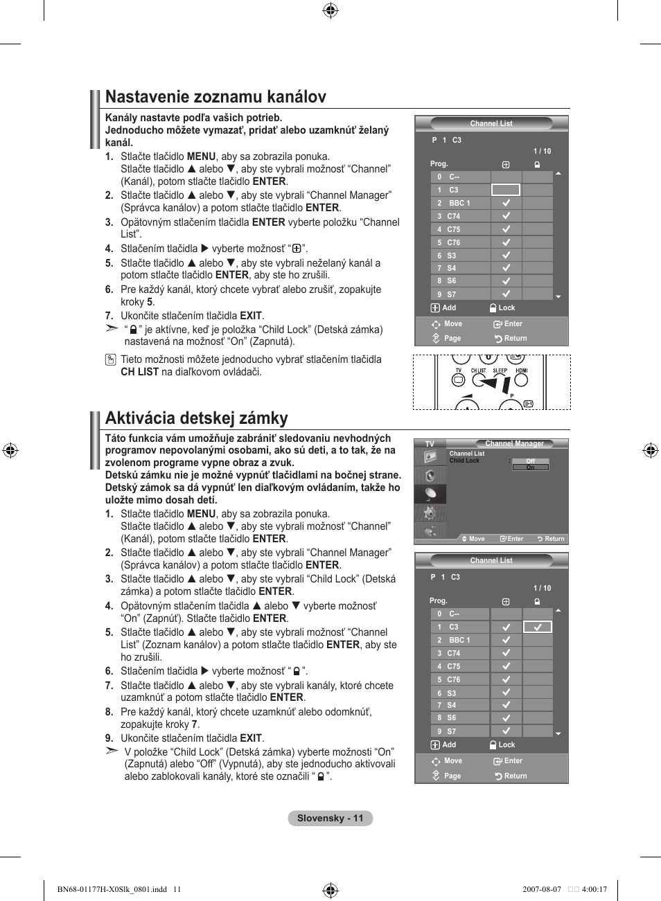 Nastavenie zoznamu kanálov, Aktivácia detskej zámky | Samsung LE22S81B User Manual | Page 393 / 461