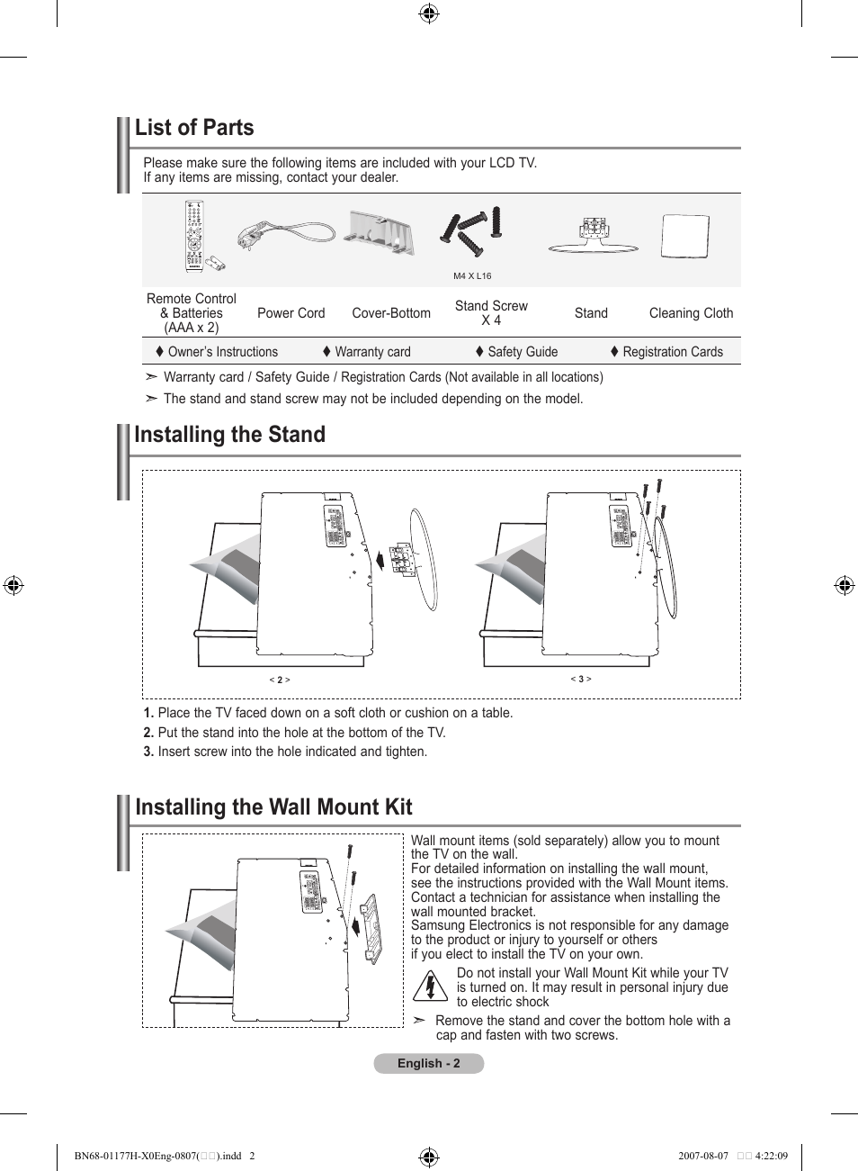 Connecting and preparing your tv, List of parts, Installing the stand | Installing the wall mount kit | Samsung LE22S81B User Manual | Page 4 / 461