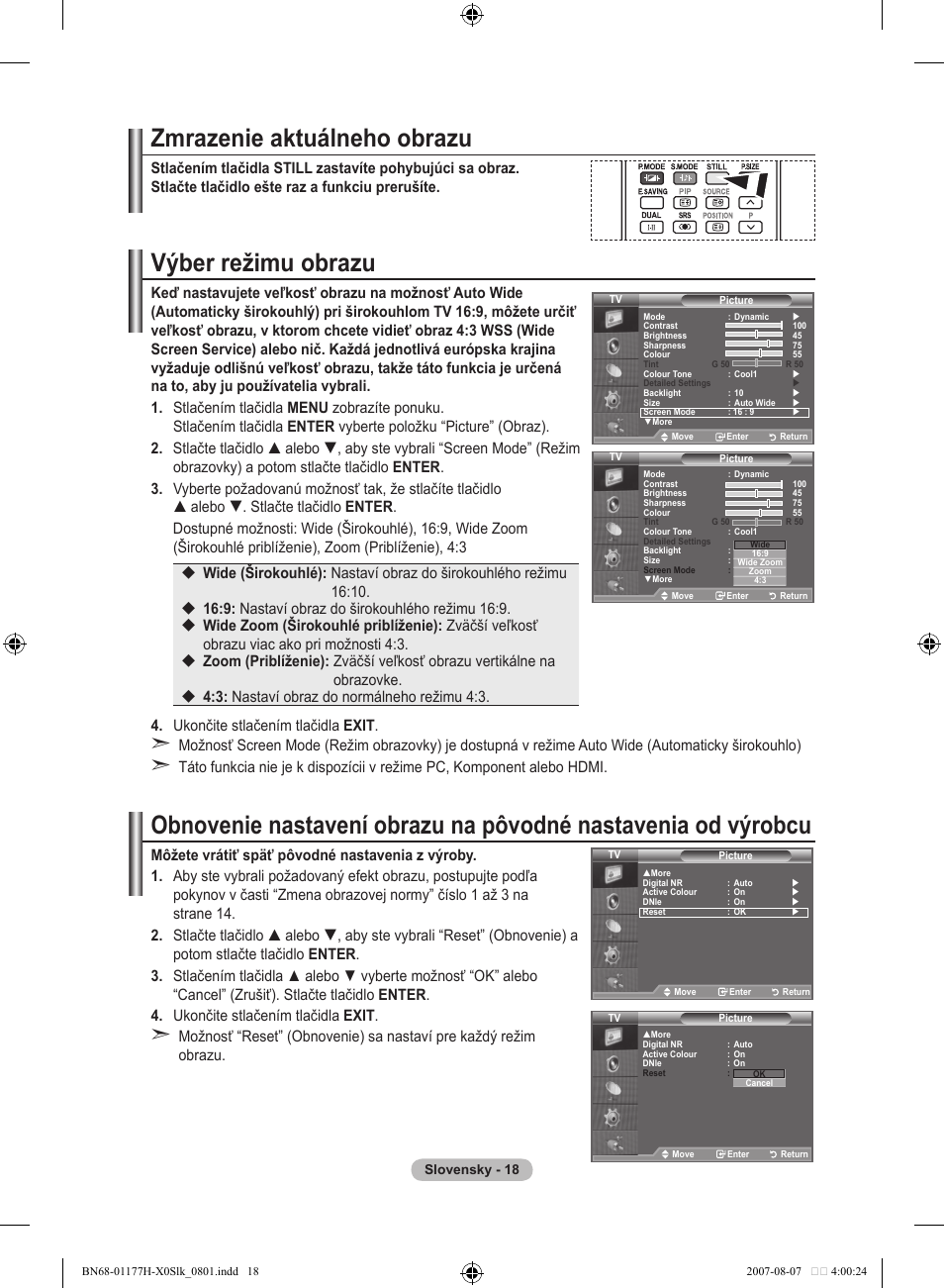 Zmrazenie aktuálneho obrazu, Výber režimu obrazu | Samsung LE22S81B User Manual | Page 400 / 461