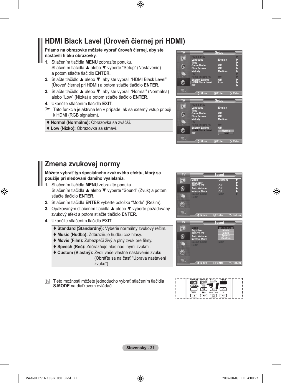 Hdmi black lavel (úroveň čiernej pri hdmi), Zmena zvukovej normy | Samsung LE22S81B User Manual | Page 403 / 461