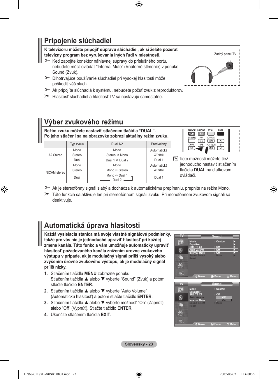 Pripojenie slúchadiel, Výber zvukového režimu, Automatická úprava hlasitosti | Samsung LE22S81B User Manual | Page 405 / 461