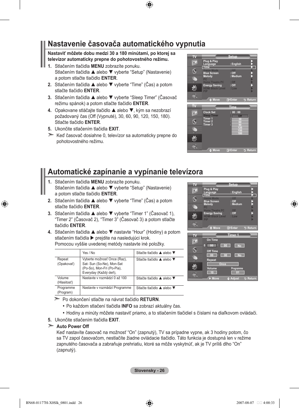 Nastavenie časovača automatického vypnutia, Automatické zapínanie a vypínanie televízora | Samsung LE22S81B User Manual | Page 408 / 461