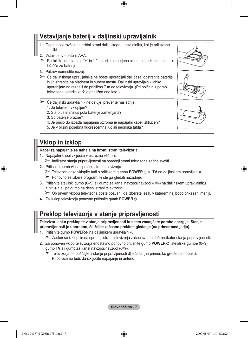 Vstavljanje baterij v daljinski upravljalnik, Vklop in izklop, Preklop televizorja v stanje pripravljenosti | Samsung LE22S81B User Manual | Page 427 / 461