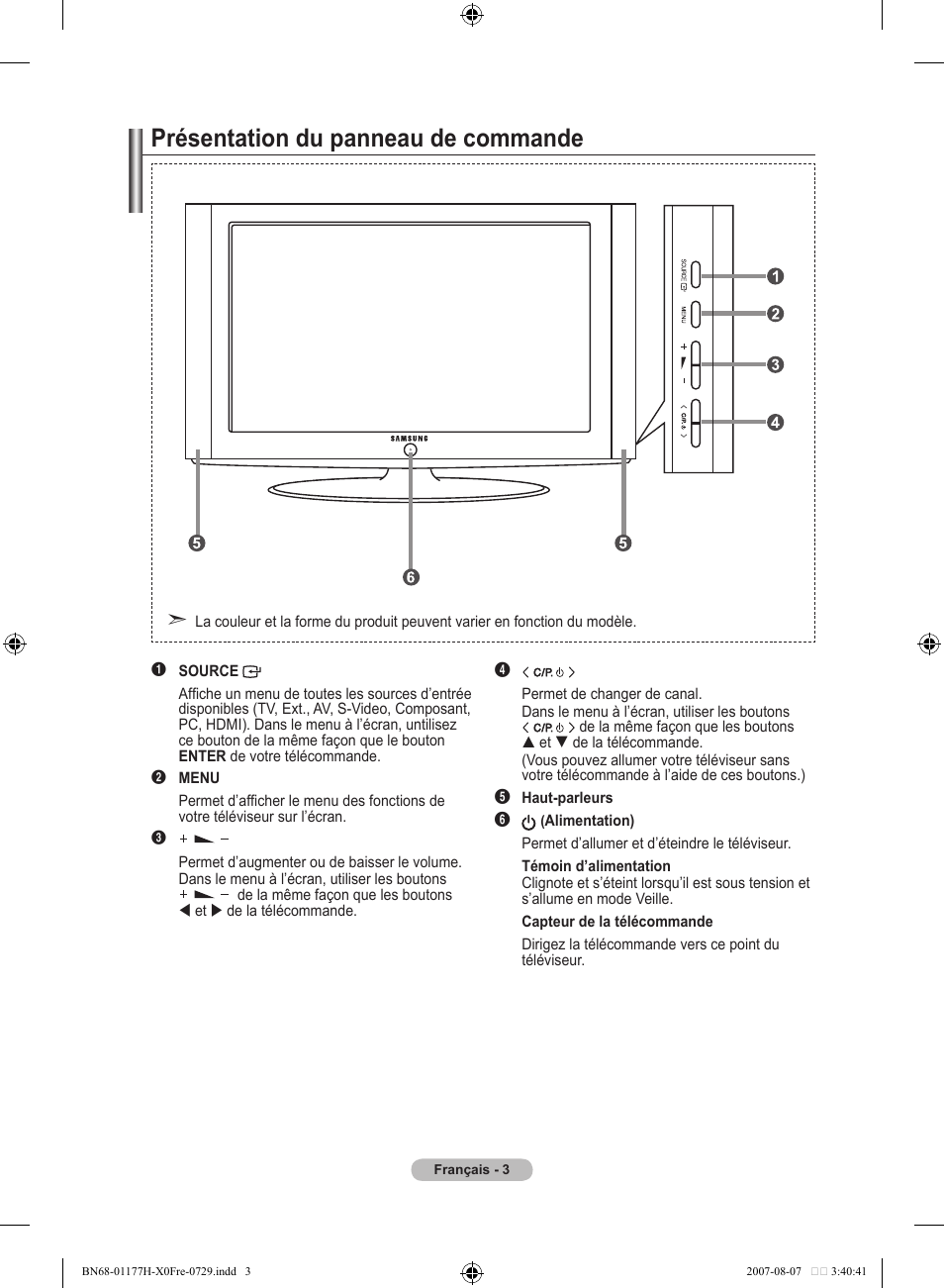 Présentation du panneau de commande | Samsung LE22S81B User Manual | Page 43 / 461