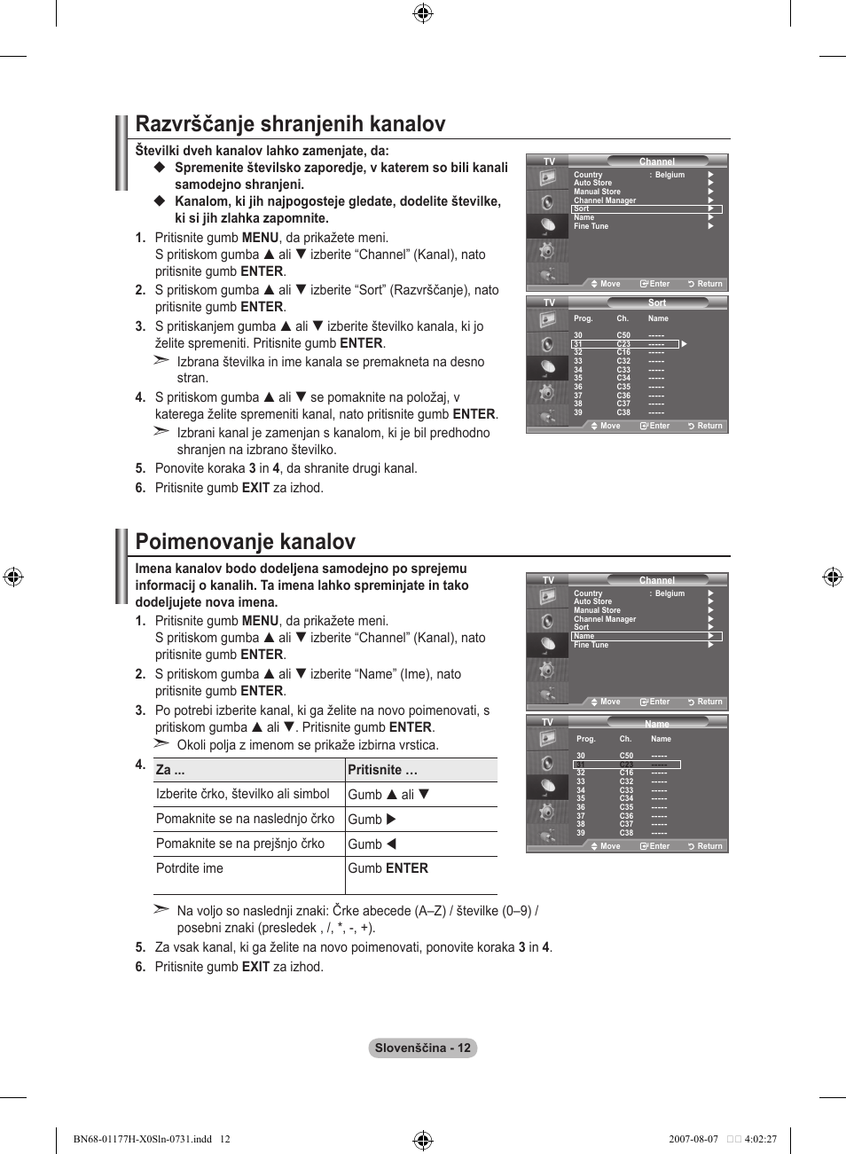 Razvrščanje shranjenih kanalov, Poimenovanje kanalov | Samsung LE22S81B User Manual | Page 432 / 461