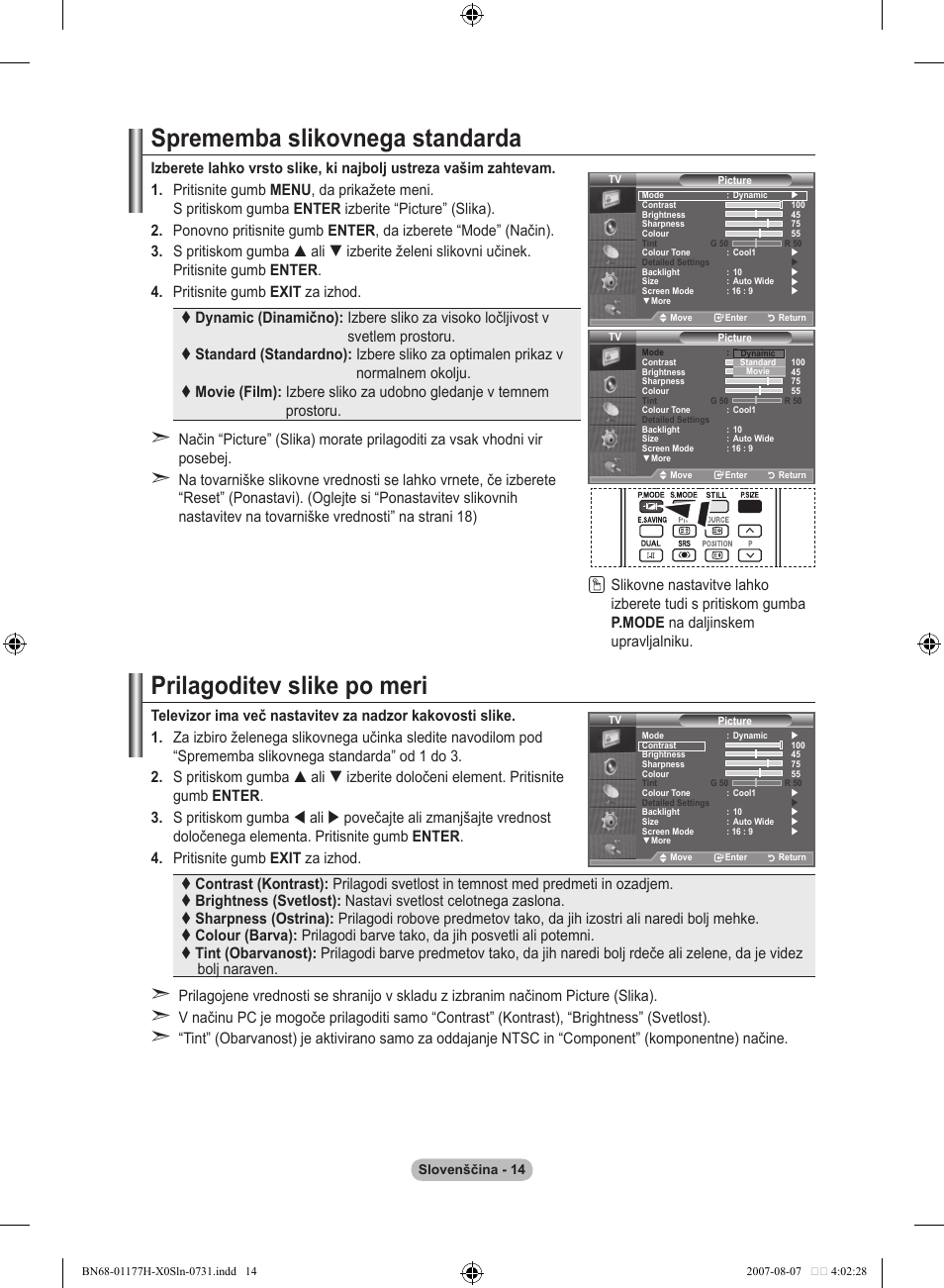 Sprememba slikovnega standarda, Prilagoditev slike po meri | Samsung LE22S81B User Manual | Page 434 / 461