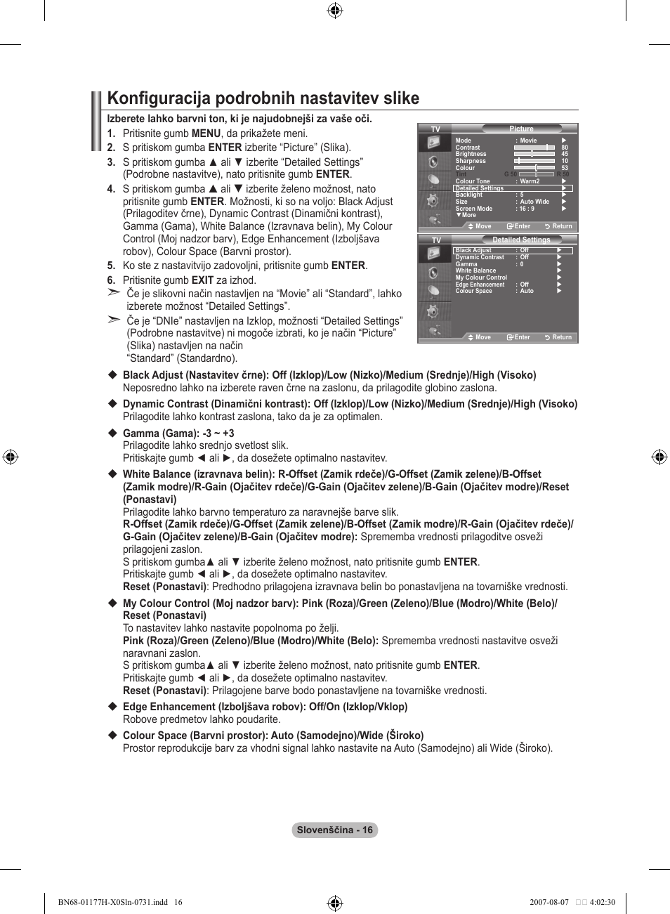 Konfiguracija podrobnih nastavitev slike | Samsung LE22S81B User Manual | Page 436 / 461