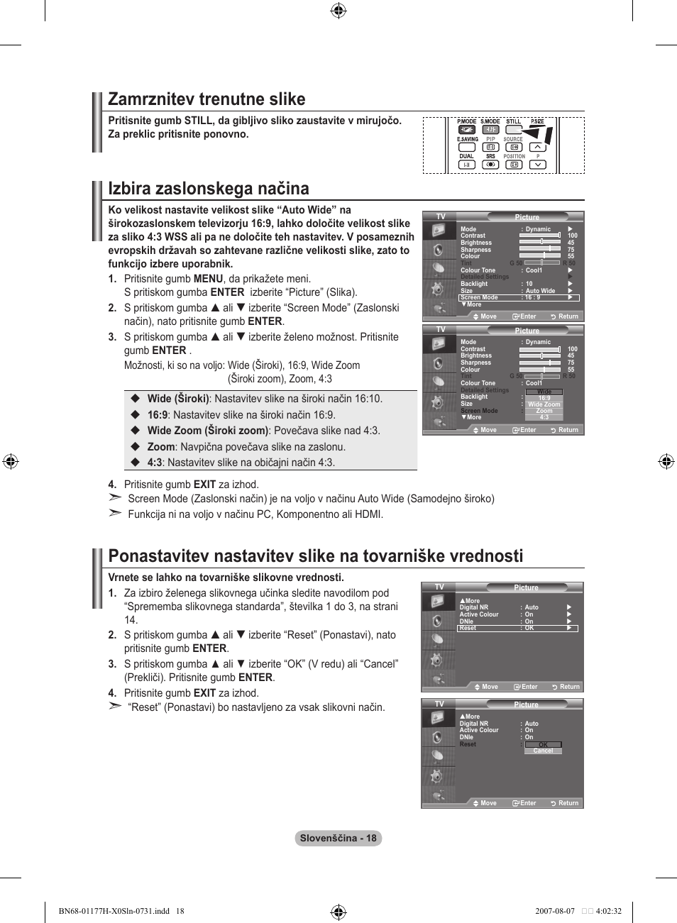 Zamrznitev trenutne slike, Izbira zaslonskega načina | Samsung LE22S81B User Manual | Page 438 / 461