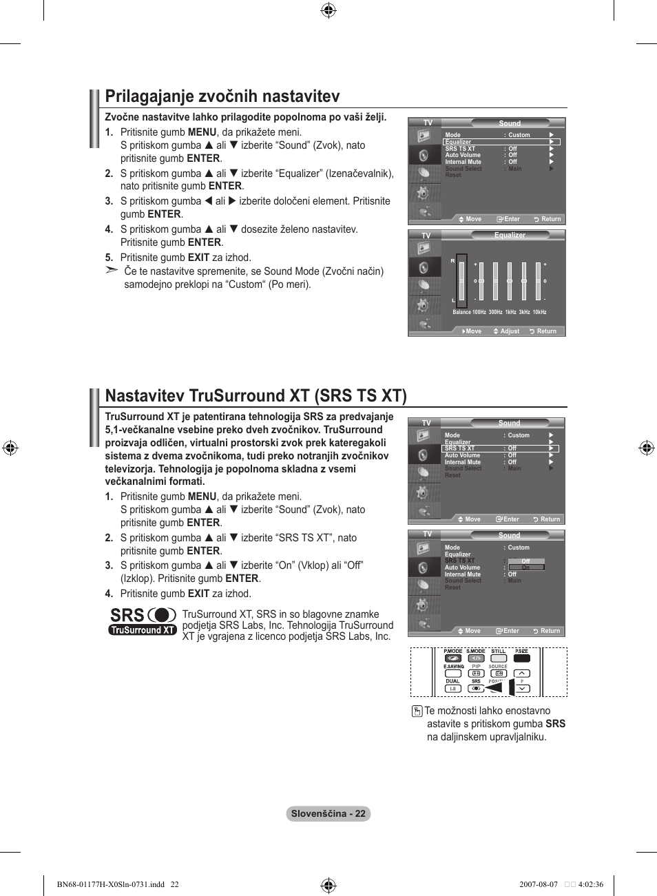 Prilagajanje zvočnih nastavitev, Nastavitev trusurround xt (srs ts xt) | Samsung LE22S81B User Manual | Page 442 / 461