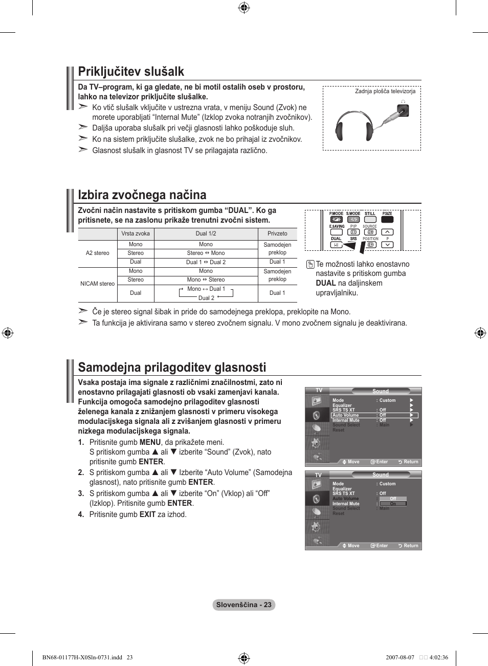 Priključitev slušalk, Izbira zvočnega načina, Samodejna prilagoditev glasnosti | Samsung LE22S81B User Manual | Page 443 / 461