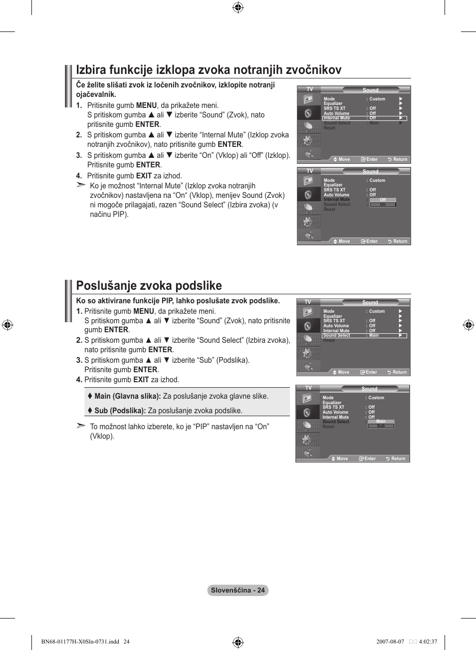 Izbira funkcije izklopa zvoka notranjih zvočnikov, Poslušanje zvoka podslike | Samsung LE22S81B User Manual | Page 444 / 461