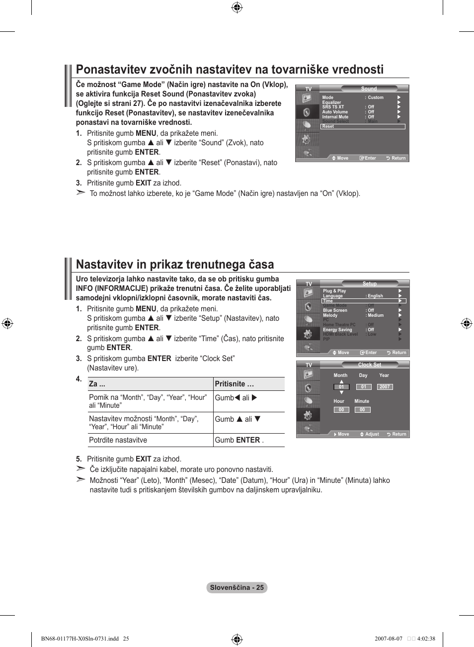 Nastavitev in prikaz trenutnega časa, Za ... pritisnite … pomik na, Gumb ali  nastavitev možnosti | Gumb  ali  potrdite nastavitve gumb enter | Samsung LE22S81B User Manual | Page 445 / 461