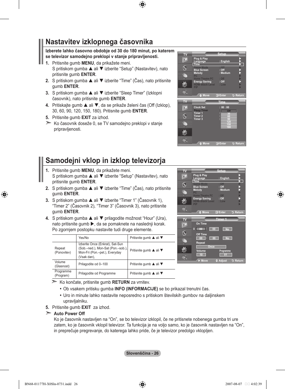 Nastavitev izklopnega časovnika, Samodejni vklop in izklop televizorja | Samsung LE22S81B User Manual | Page 446 / 461