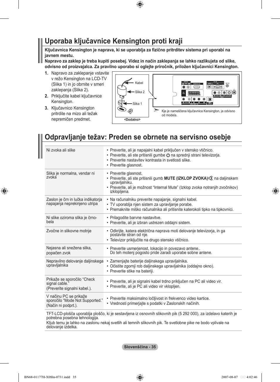 Uporaba ključavnice kensington proti kraji | Samsung LE22S81B User Manual | Page 455 / 461