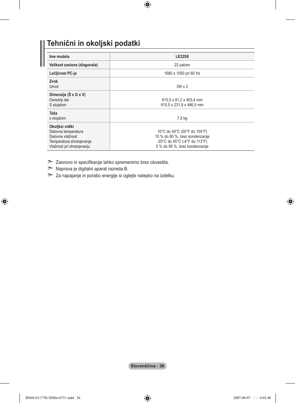 Tehnični in okoljski podatki | Samsung LE22S81B User Manual | Page 456 / 461