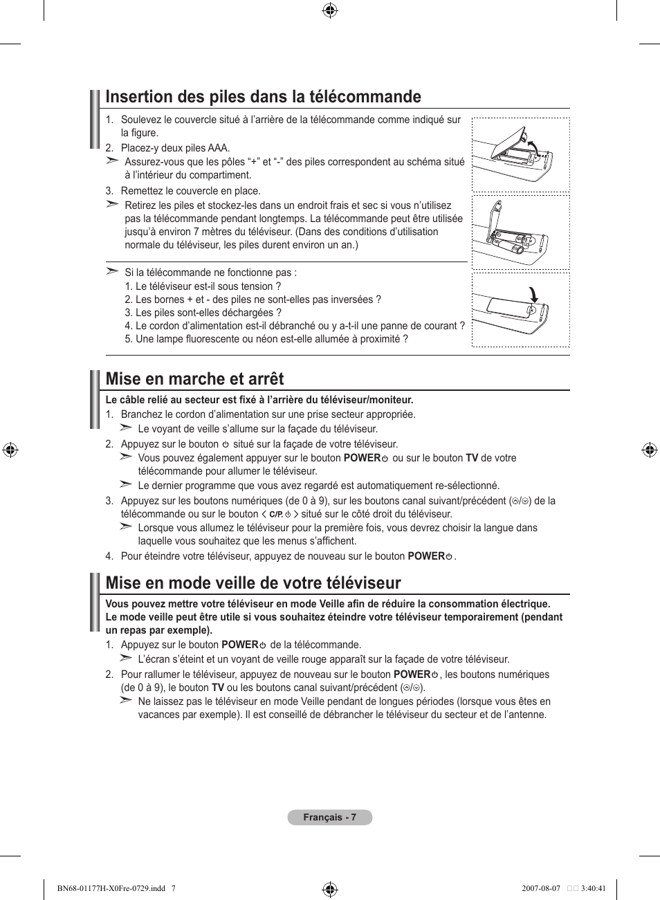 Insertion des piles dans la télécommande, Mise en marche et arrêt, Mise en mode veille de votre téléviseur | Samsung LE22S81B User Manual | Page 47 / 461