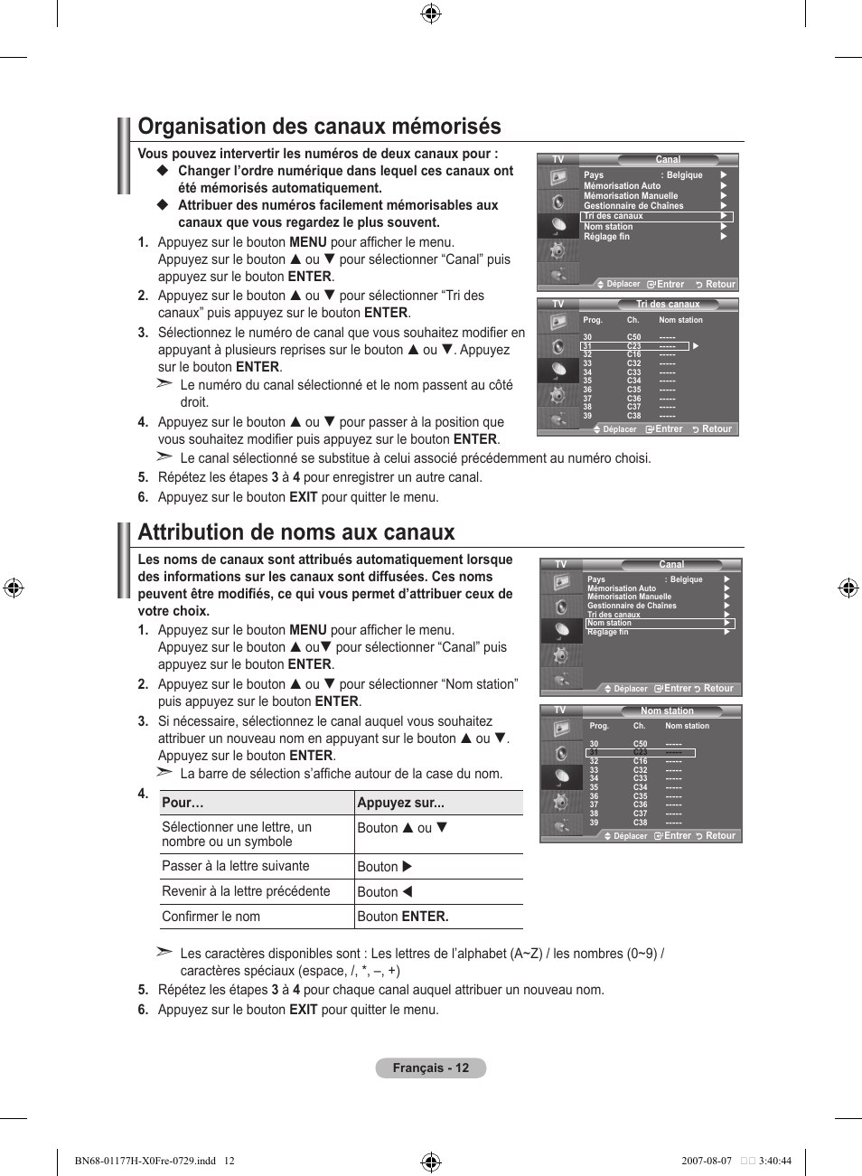 Organisation des canaux mémorisés, Attribution de noms aux canaux | Samsung LE22S81B User Manual | Page 52 / 461