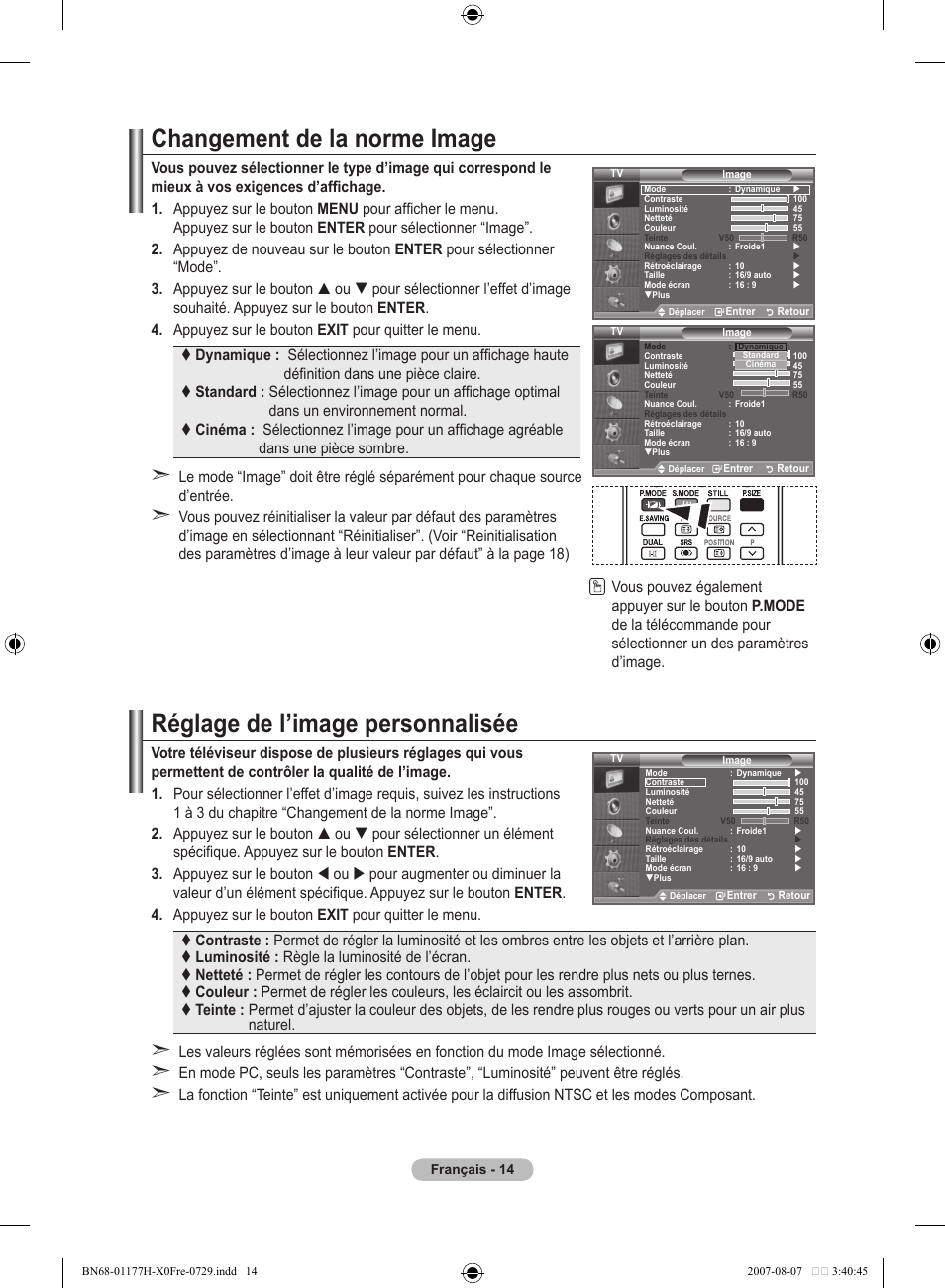 Changement de la norme image, Réglage de l’image personnalisée | Samsung LE22S81B User Manual | Page 54 / 461