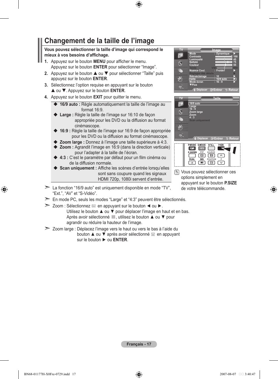 Changement de la taille de l’image | Samsung LE22S81B User Manual | Page 57 / 461