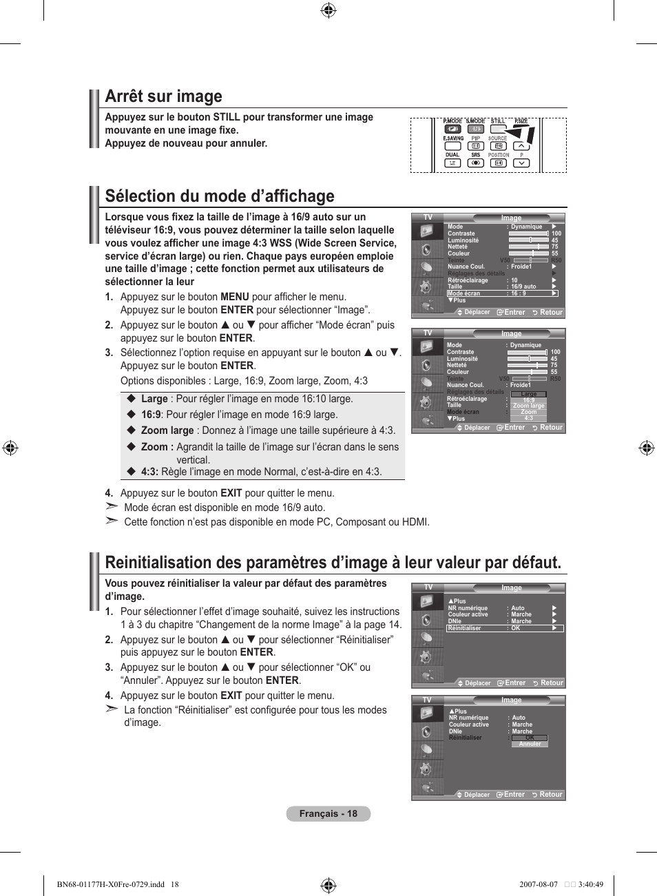 Arrêt sur image, Sélection du mode d’affichage | Samsung LE22S81B User Manual | Page 58 / 461