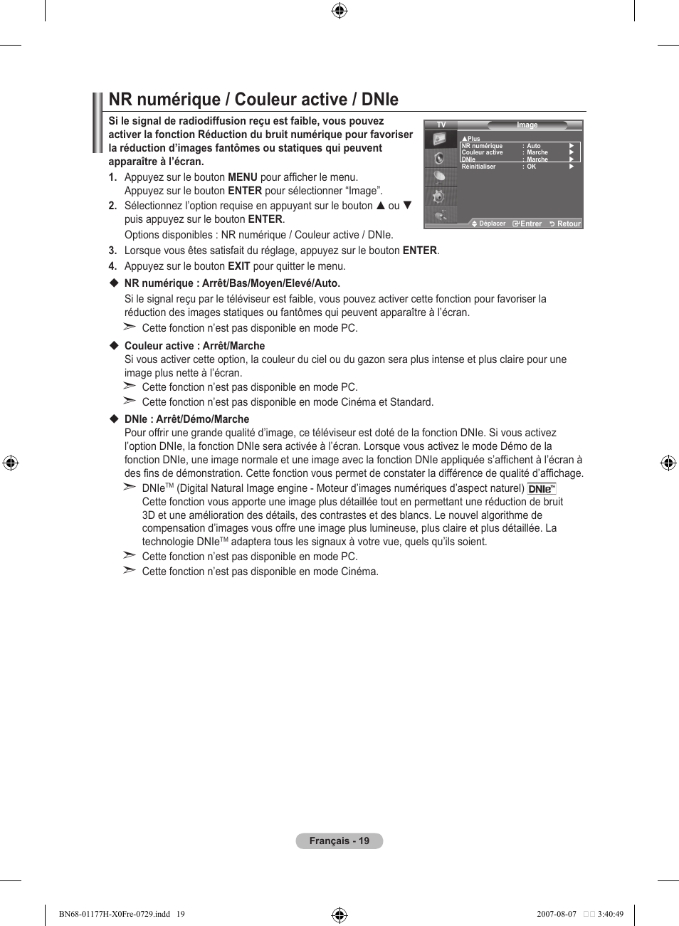 Nr numérique / couleur active / dnie | Samsung LE22S81B User Manual | Page 59 / 461