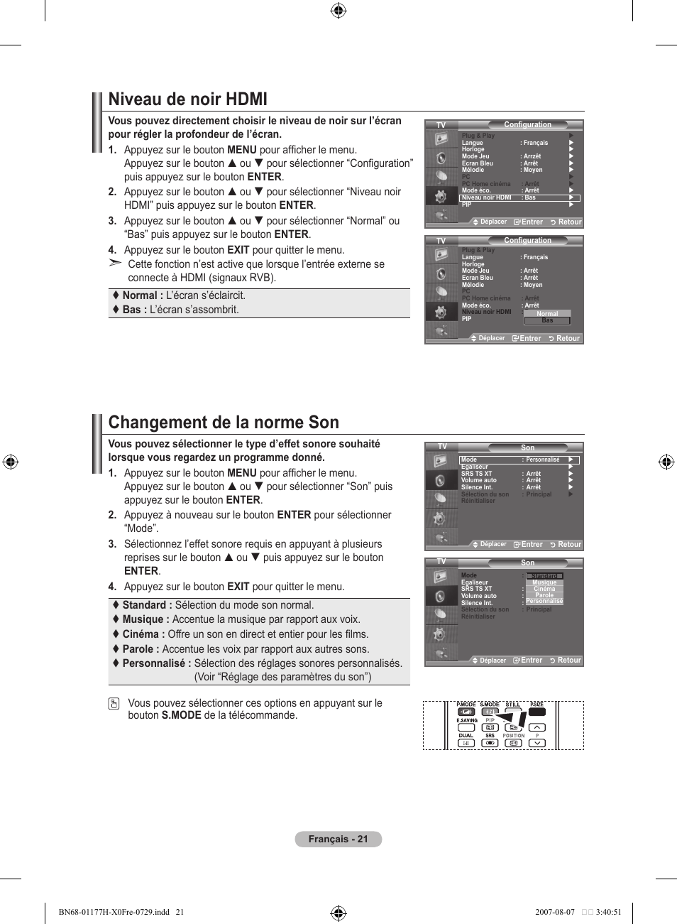 Niveau de noir hdmi, Changement de la norme son | Samsung LE22S81B User Manual | Page 61 / 461